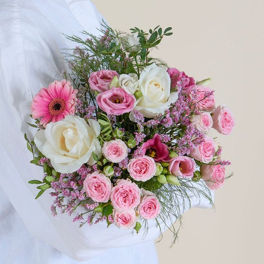 Pink and white fresh gerberas and roses, beautiful gift for her