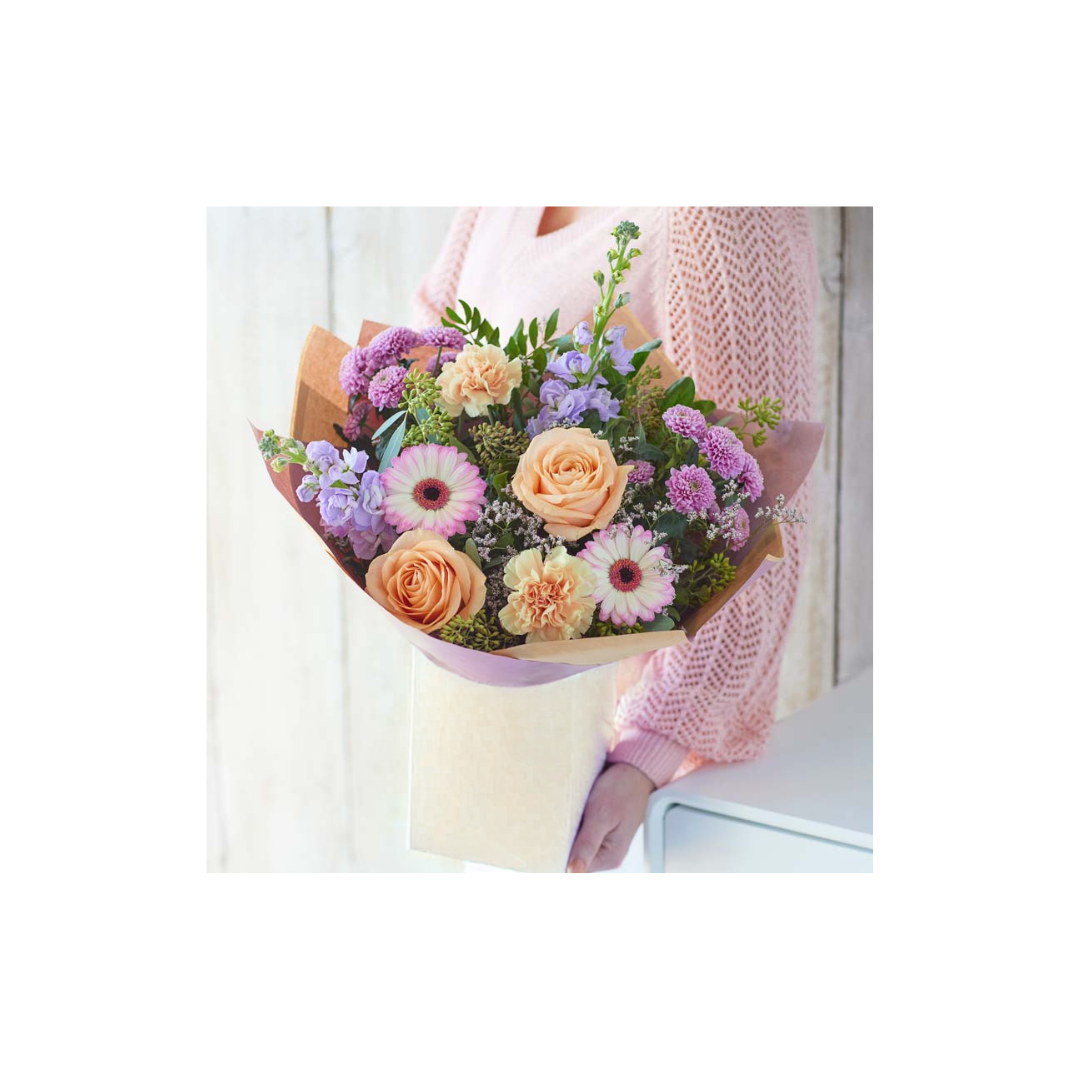 Peach roses, germini, pink flowers