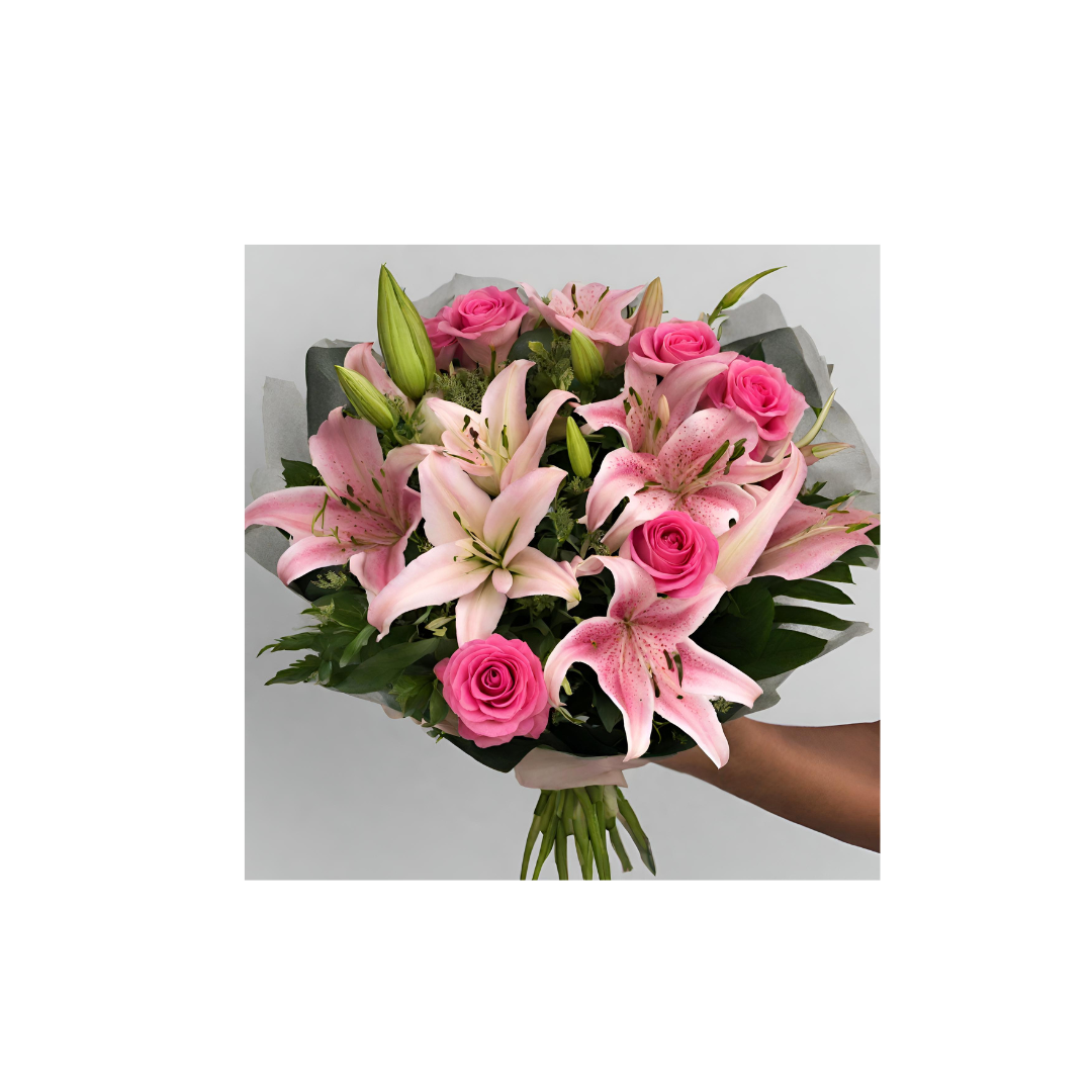 Roses and lillies delivered by online florist near me. Pink bouquet