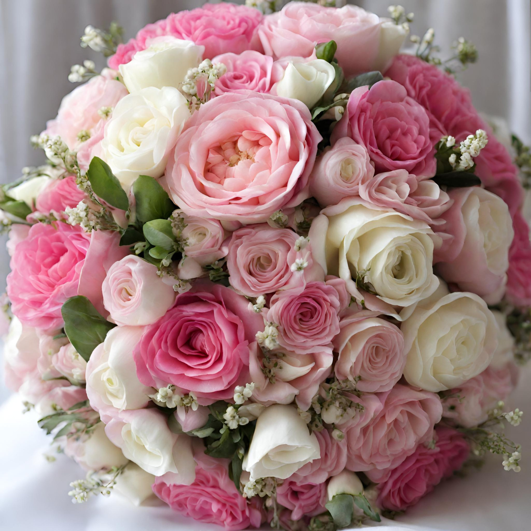 pastel pinks and whites bridal bouquet, classic and elegant