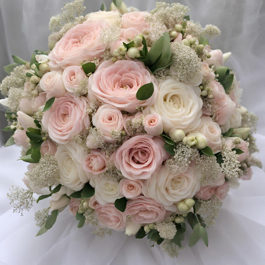 dusky pink roses, white gypsophilia