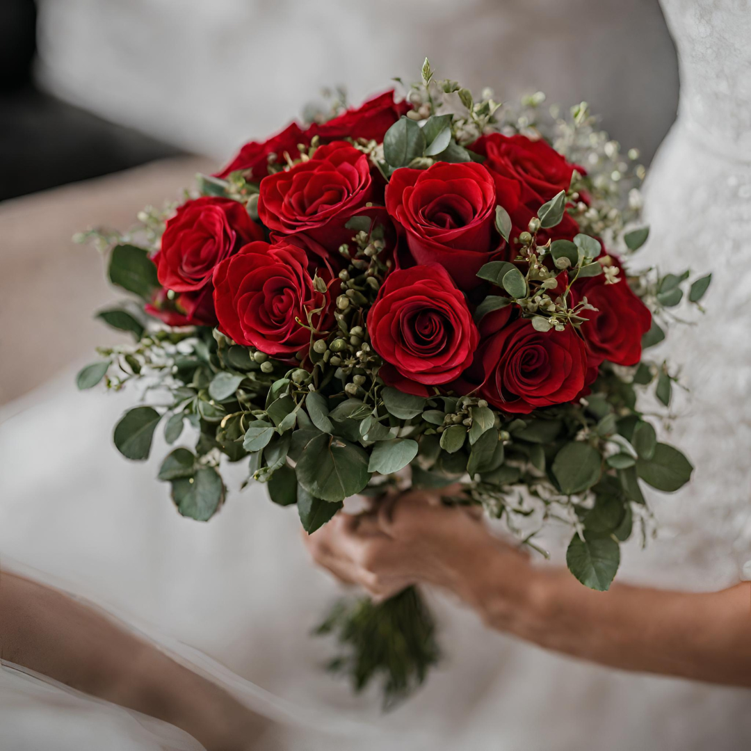 Red Rose and Eucalypthus Wedding Bouquet – Lucie Bees Online Florist