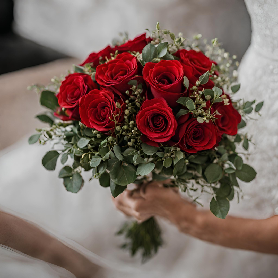 Large red rose bridal bouquet with foliage