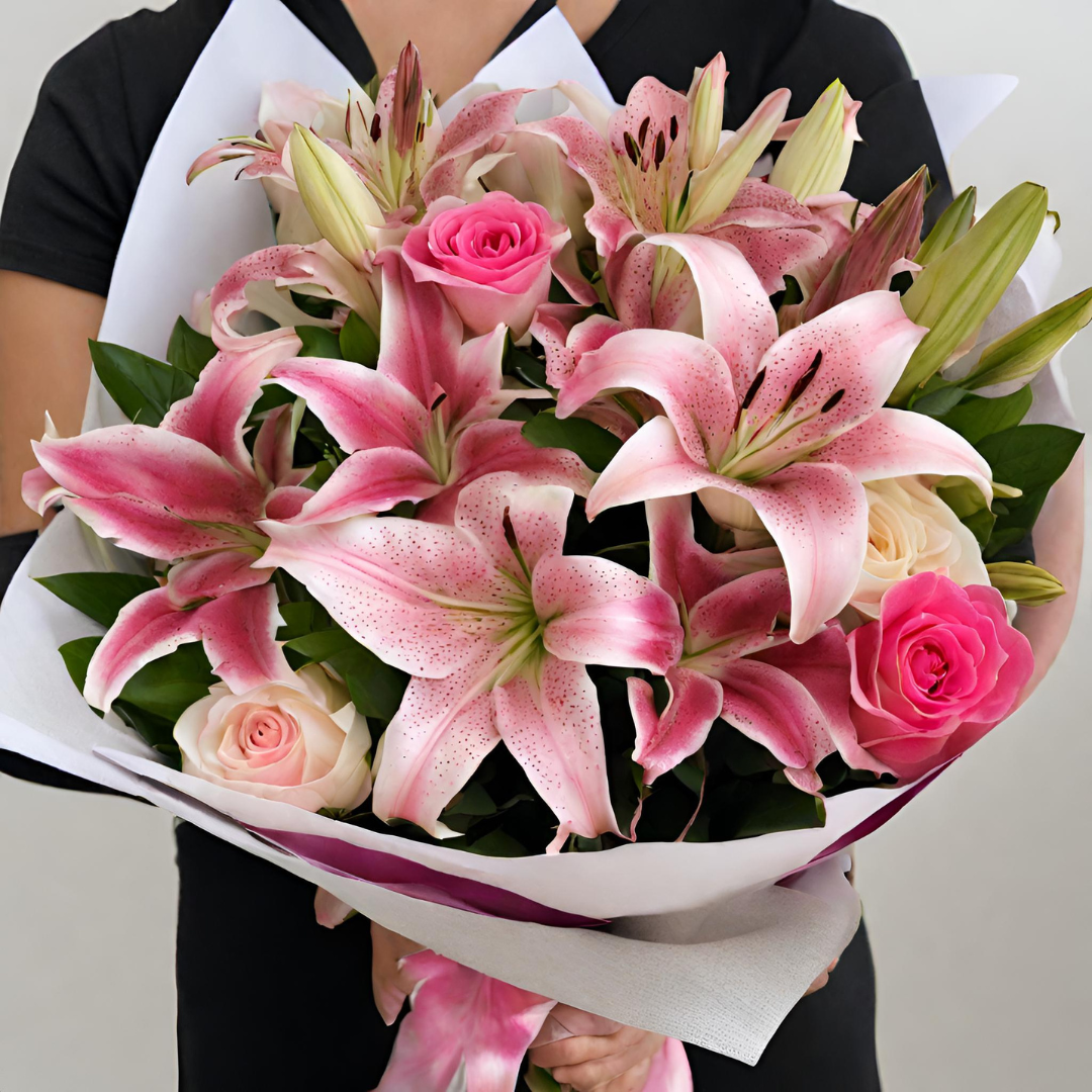 pink lilies, pink roses fresh flower bouquet