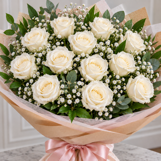 Dozen White Rose Bouquet