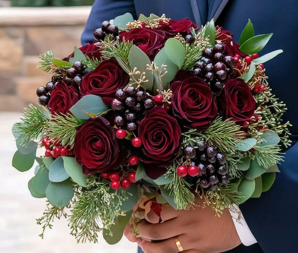 Red rose winter Christmas wedding bouquet 